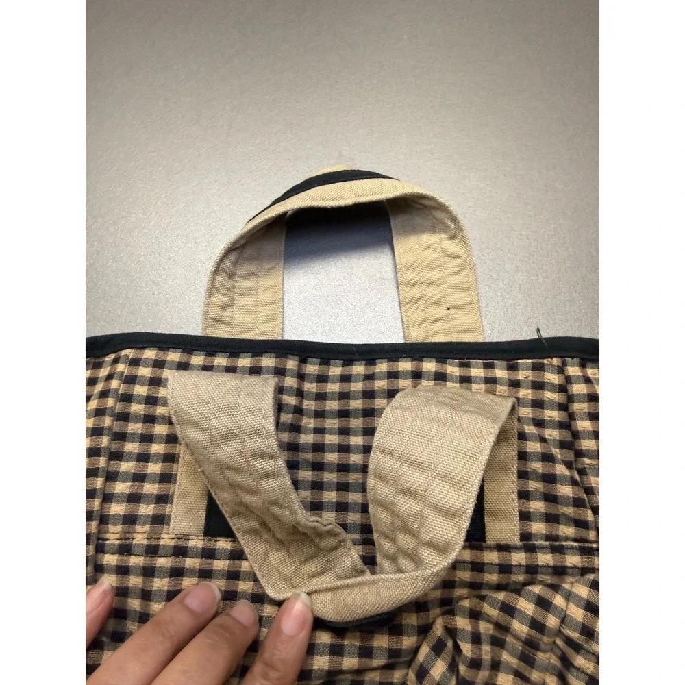 Longaberger Basket Liner Black Tan Gingham Check Canvas with Handles Logo Plaque